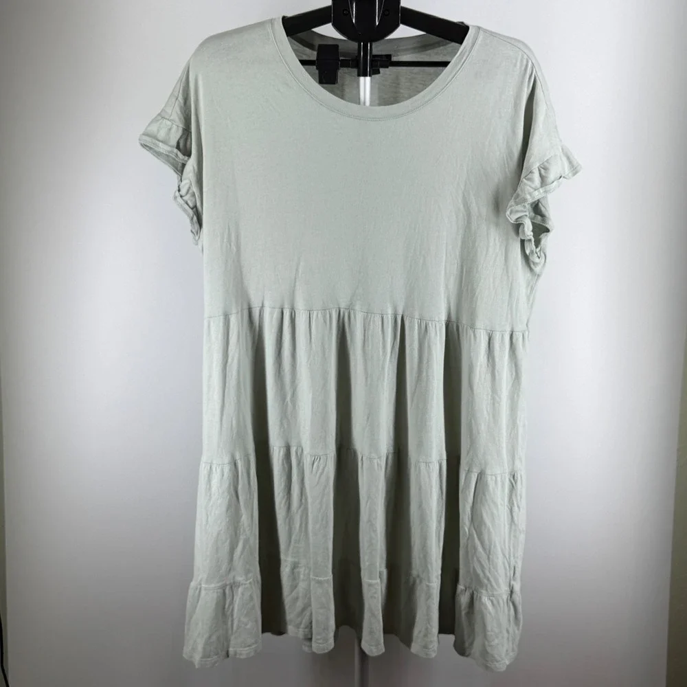 J.Crew Re-Imagined Sage‎ Green Cotton Tiered Ruffle Sleeve Mini Dress Womens XL